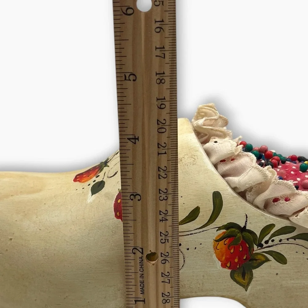 Vintage Hand Painted Wooden Dutch Clog Pin Cushion Strawberry Folk Art Cream